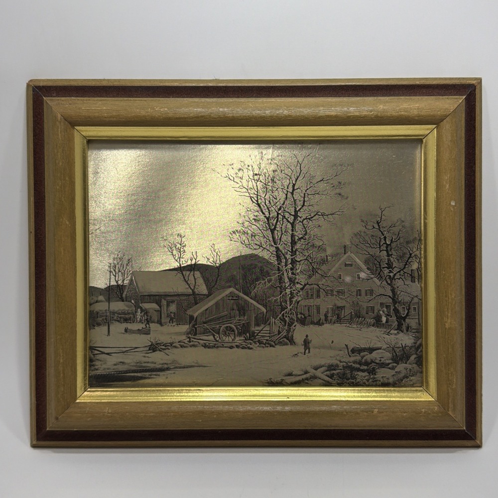 Vintage Currier & Ives Gold Foil Etched Art Winter Landscape Wood Frame 6”x8”